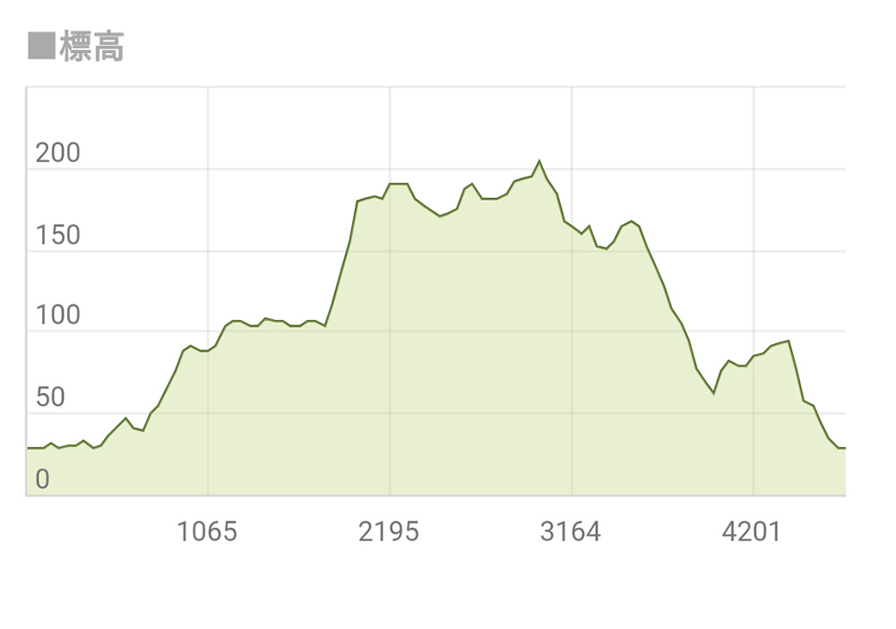 標高のグラフ　三毳山　登山　トレッキング　栃木市　佐野市　とちぎのしゅし